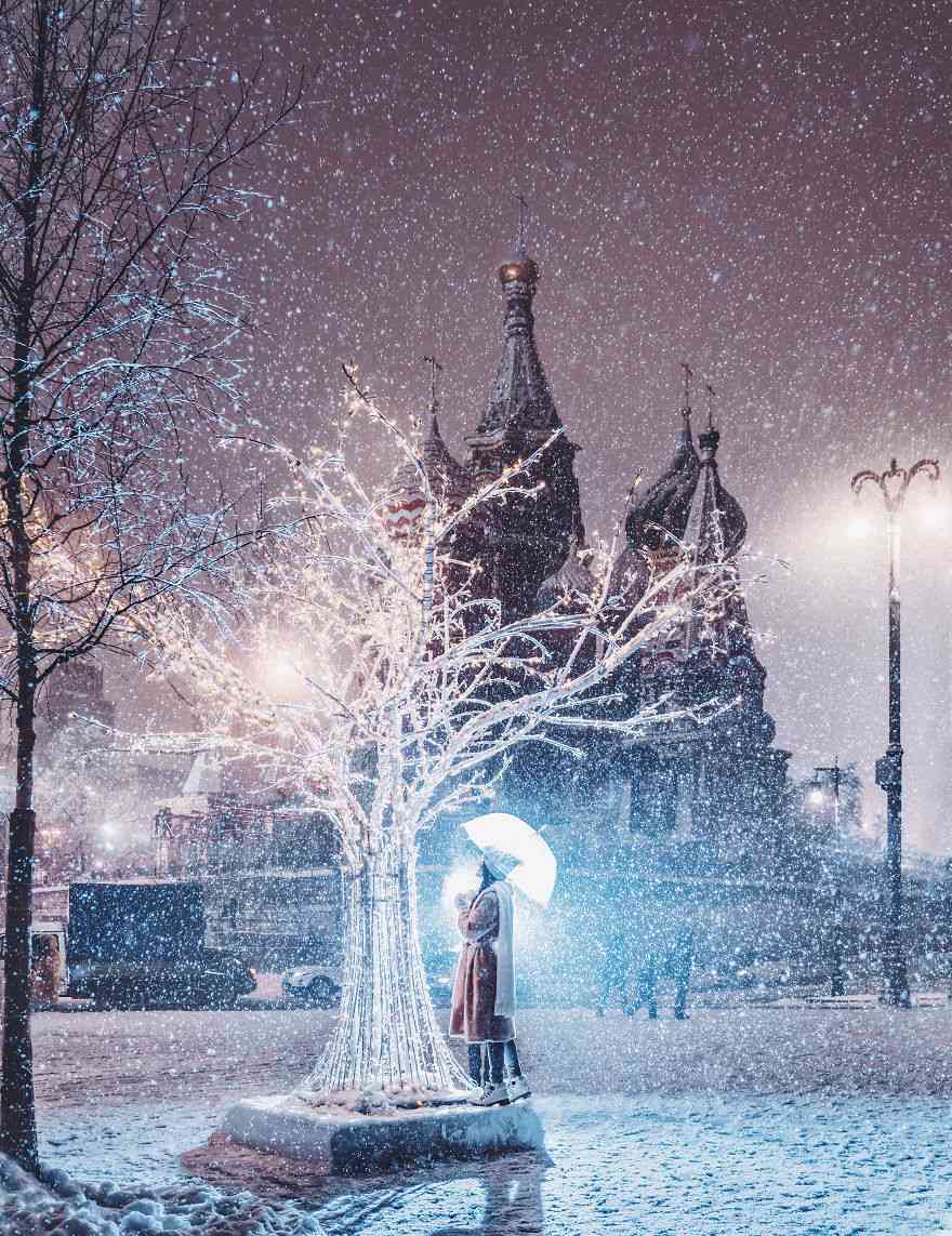 宁静与魔幻的冬日雪景 大雪纷飞的绚烂莫斯科